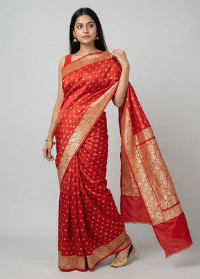 Red Handloom Banarasi Pure Silk Saree With Blouse Piece