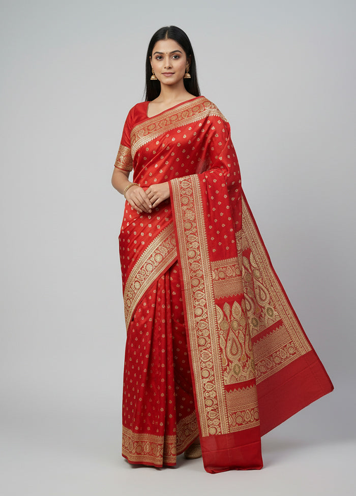 Red Handloom Banarasi Pure Silk Saree With Blouse Piece