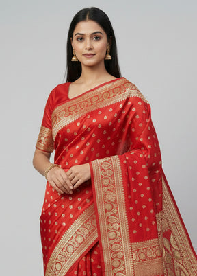 Red Handloom Banarasi Pure Silk Saree With Blouse Piece
