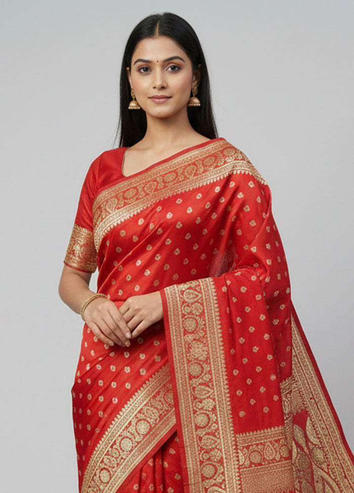 Red Handloom Banarasi Pure Silk Saree With Blouse Piece