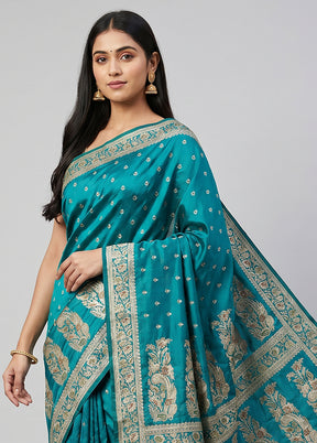 Green Handloom Banarasi Pure Silk Saree With Blouse Piece