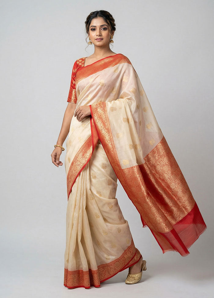 Cream Kora Silk Saree With Blouse Piece