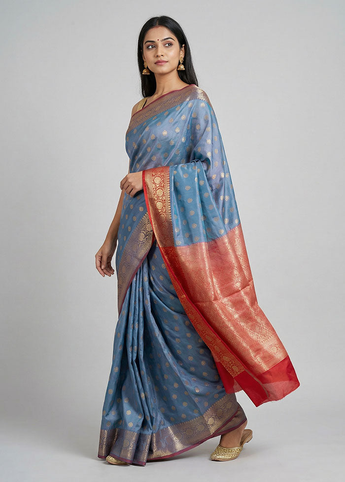 Blue Dupion Silk Saree With Blouse Piece
