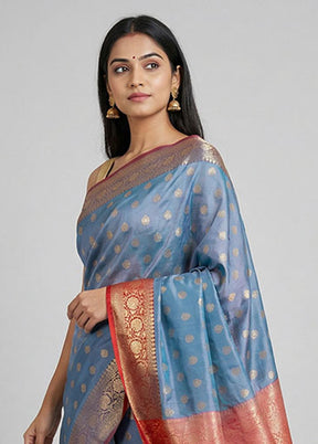 Blue Dupion Silk Saree With Blouse Piece