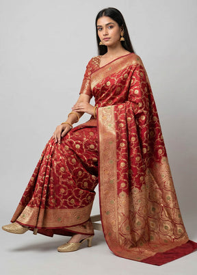 Maroon Banarasi Silk Saree With Blouse Piece