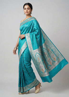 Blue Handloom Banarasi Pure Silk Saree With Blouse Piece