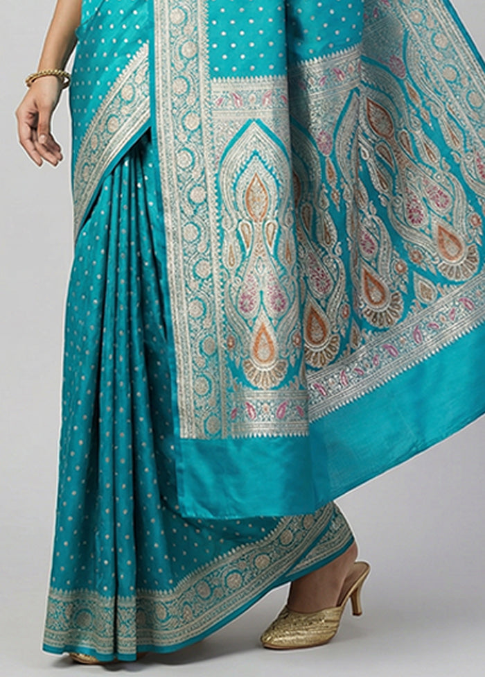 Blue Handloom Banarasi Pure Silk Saree With Blouse Piece