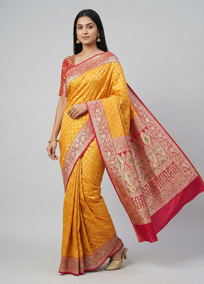 Yellow Handloom Banarasi Pure Silk Saree With Blouse Piece