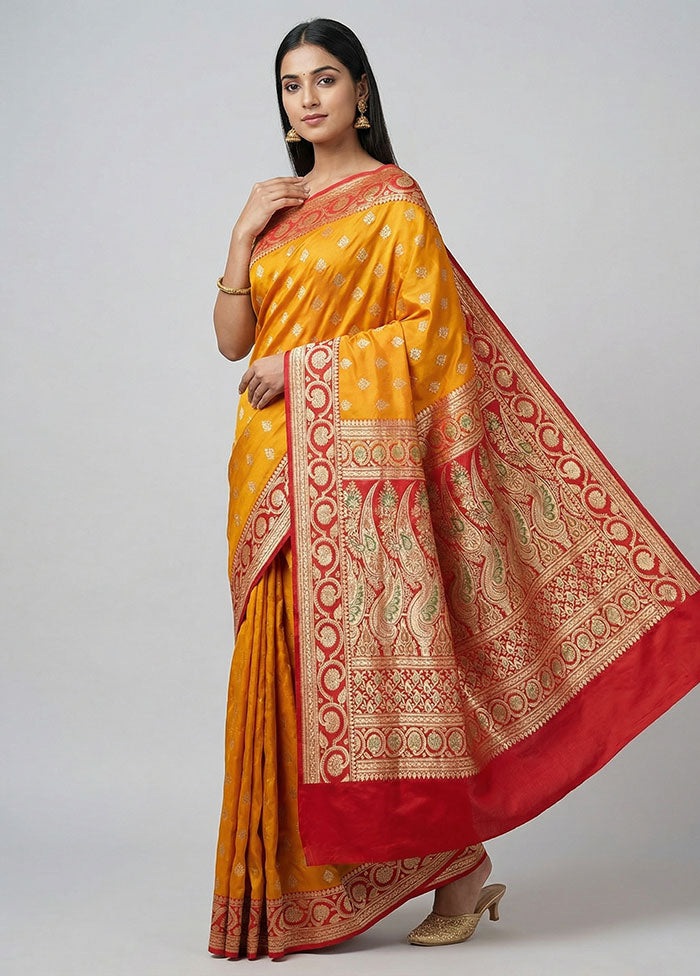 Yellow Handloom Banarasi Pure Silk Saree With Blouse Piece