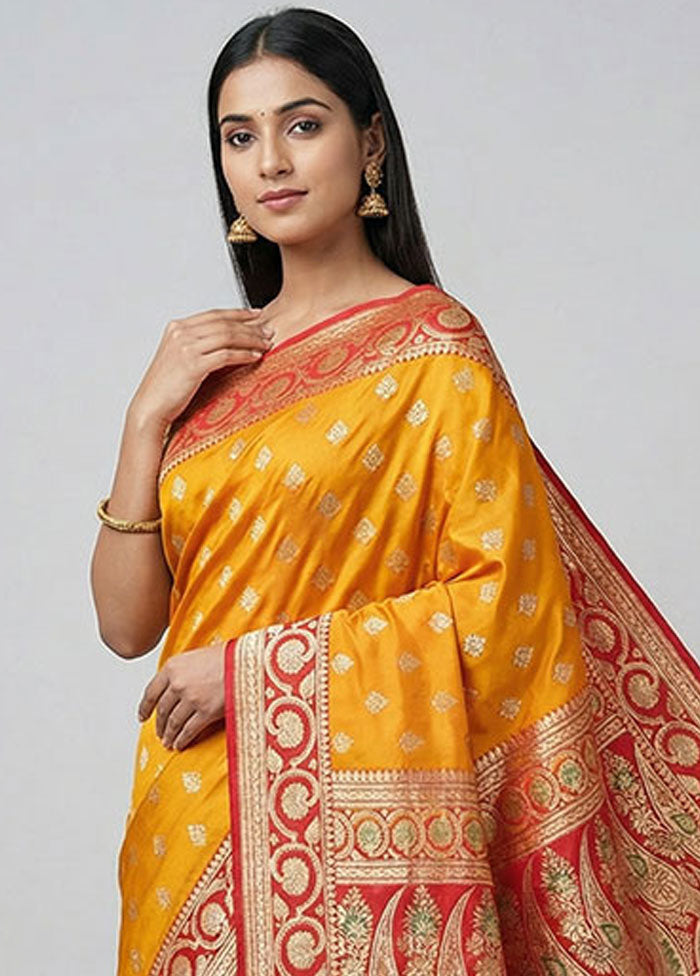 Yellow Handloom Banarasi Pure Silk Saree With Blouse Piece