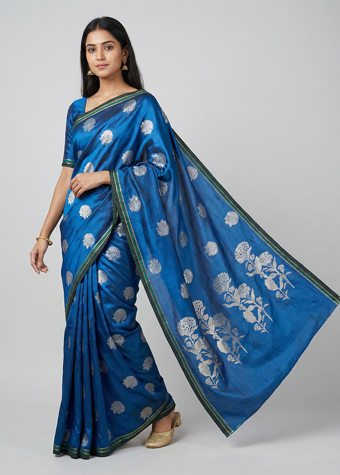 Blue Katan Silk Saree With Blouse Piece
