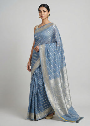 Blue Kora Silk Saree With Blouse Piece
