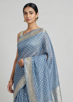 Blue Kora Silk Saree With Blouse Piece