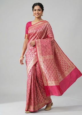 Pink Jamewar Silk Saree With Blouse Piece