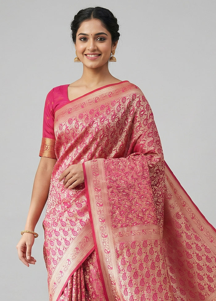 Pink Jamewar Silk Saree With Blouse Piece