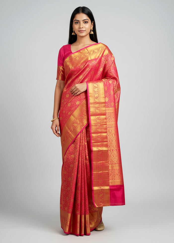 Pink Handloom Kanchipuram Pure Silk Saree With Blouse Piece
