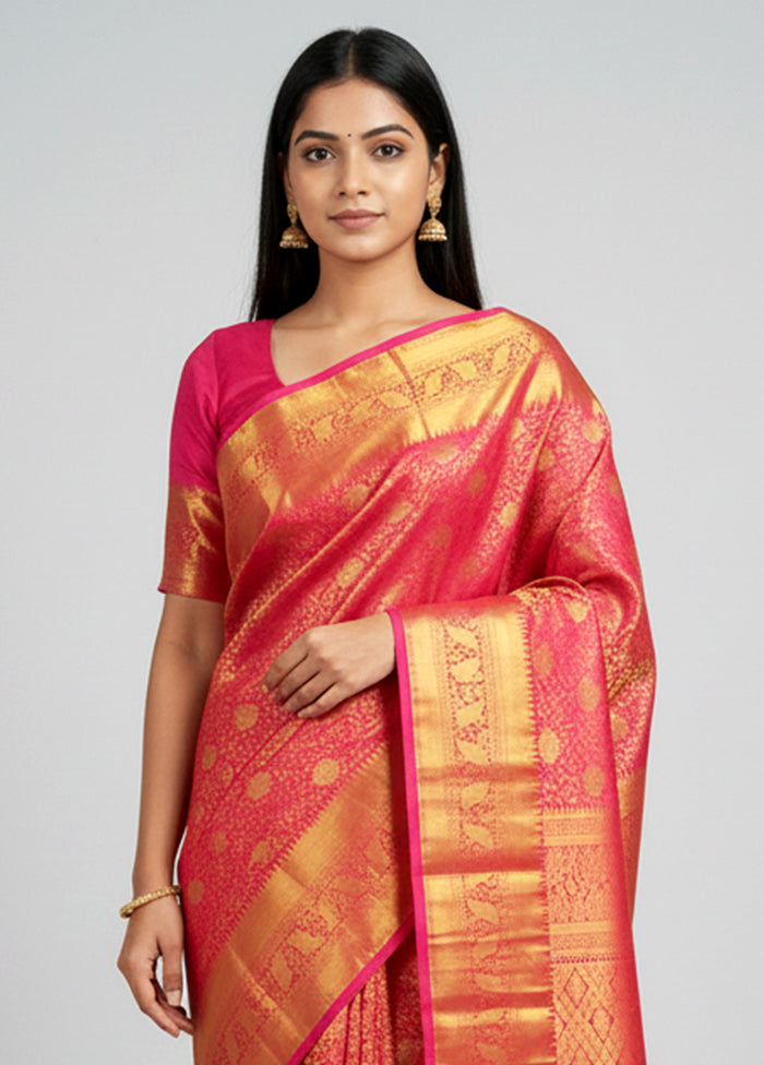 Pink Handloom Kanchipuram Pure Silk Saree With Blouse Piece