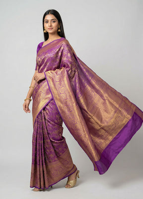 Purple Handloom Kanchipuram Pure Silk Saree With Blouse Piece