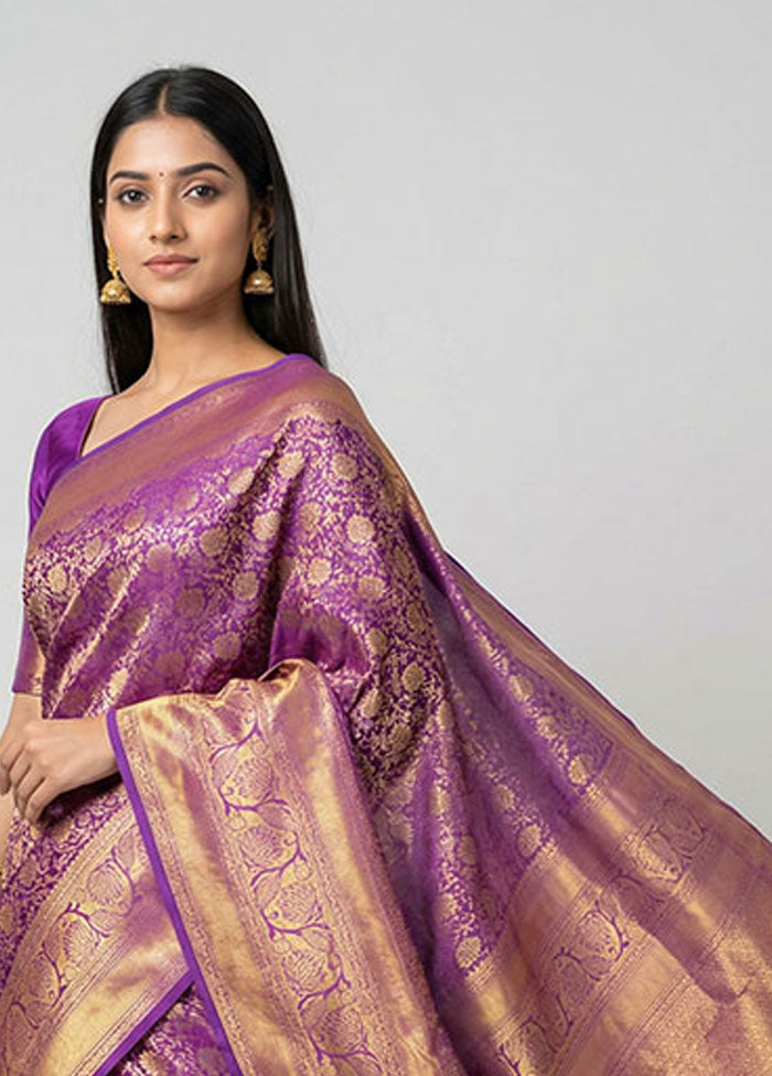 Purple Handloom Kanchipuram Pure Silk Saree With Blouse Piece