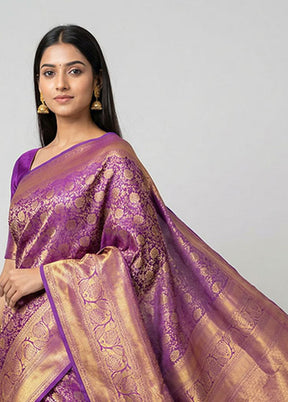 Purple Handloom Kanchipuram Pure Silk Saree With Blouse Piece