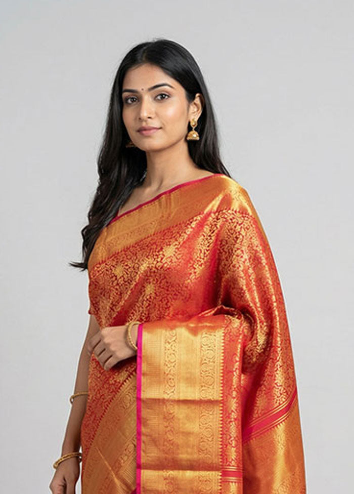 Pink Handloom Kanchipuram Pure Silk Saree With Blouse Piece