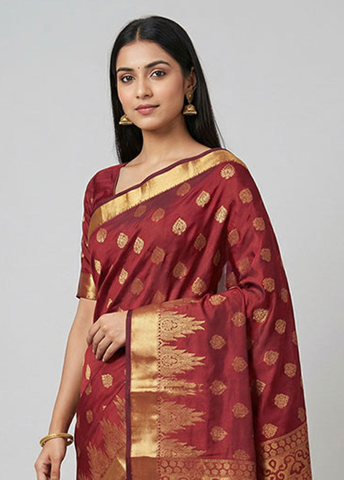 Maroon Kanjivaram Silk Saree With Blouse Piece