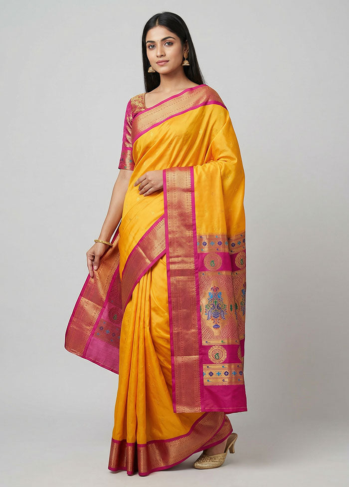 Yellow Kanjivaram Silk Saree With Blouse Piece