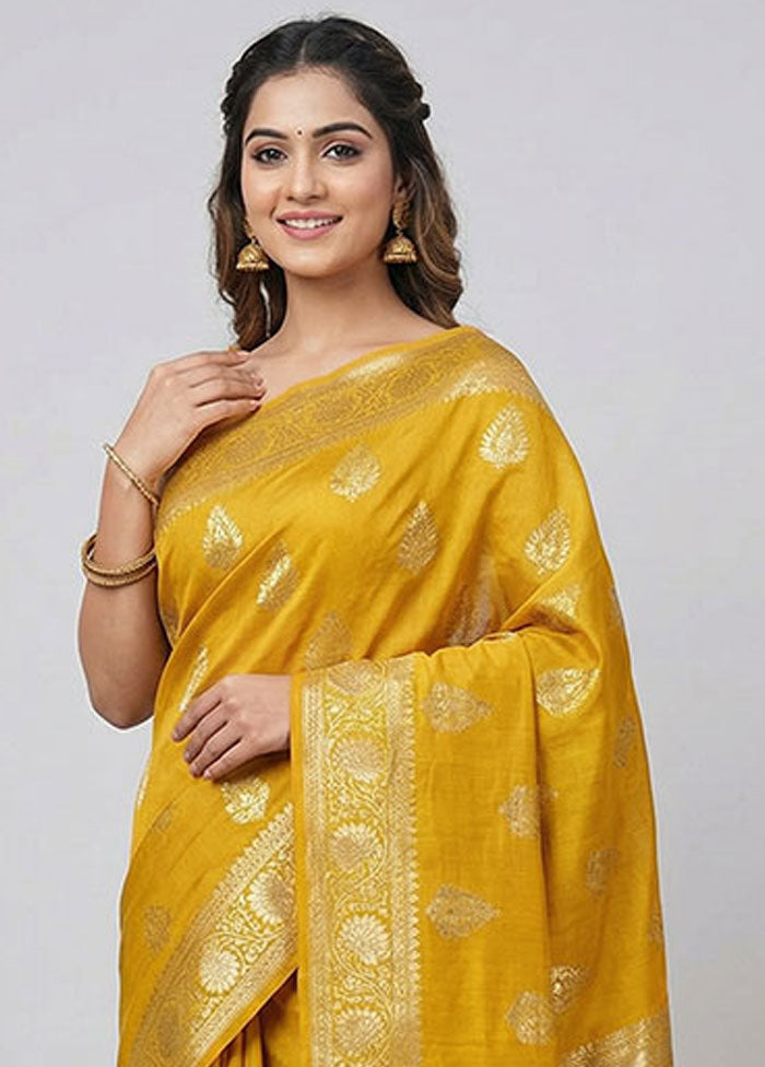 Yellow Handloom Dupion Pure Silk Saree With Blouse Piece