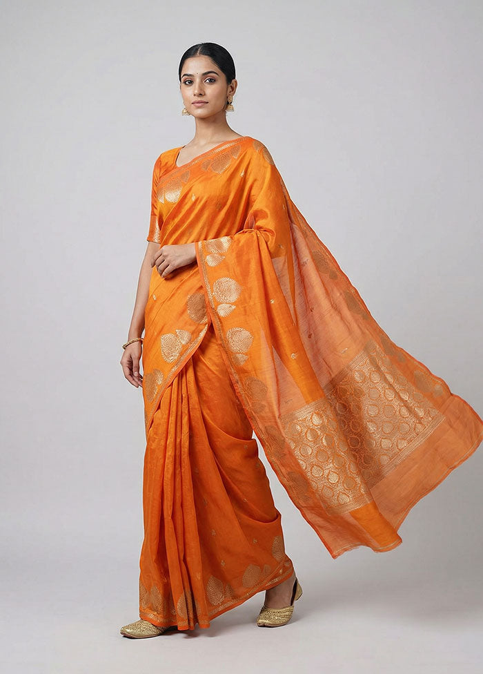 Orange Handloom Dupion Pure Silk Saree With Blouse Piece