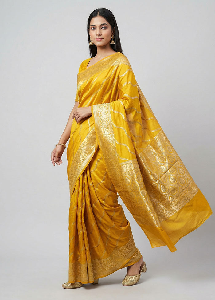 Yellow Handloom Dupion Pure Silk Saree With Blouse Piece