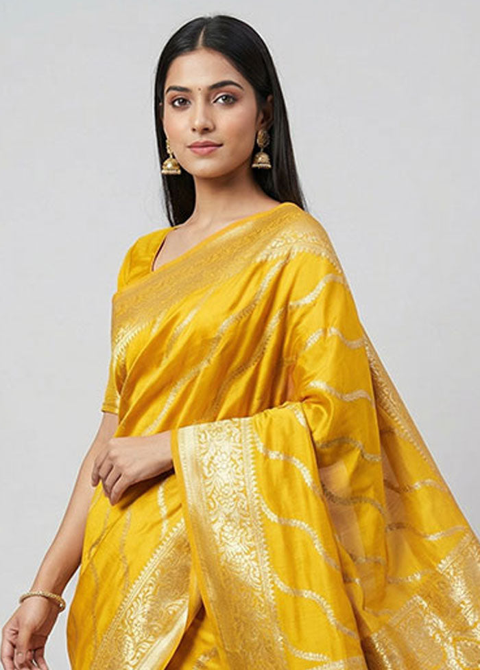 Yellow Handloom Dupion Pure Silk Saree With Blouse Piece