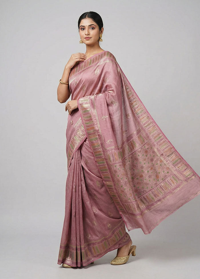 Pink Handloom Dupion Pure Silk Saree With Blouse Piece