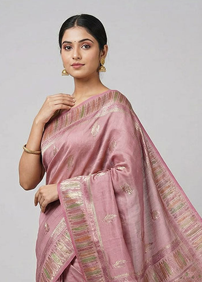 Pink Handloom Dupion Pure Silk Saree With Blouse Piece