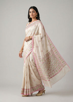 Cream Handloom Dupion Pure Silk Saree With Blouse Piece