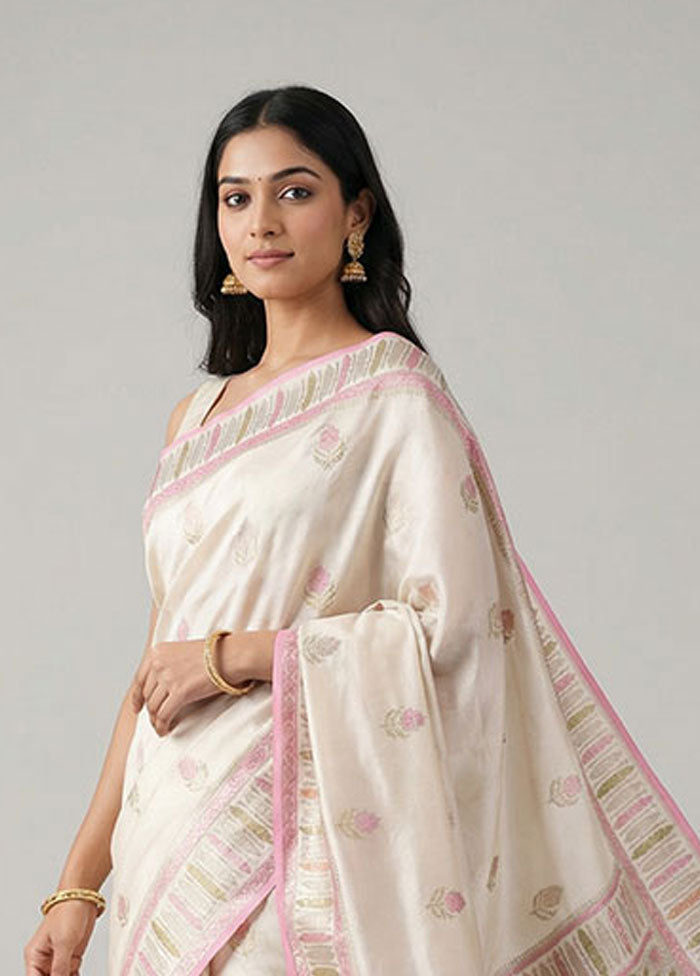 Cream Handloom Dupion Pure Silk Saree With Blouse Piece