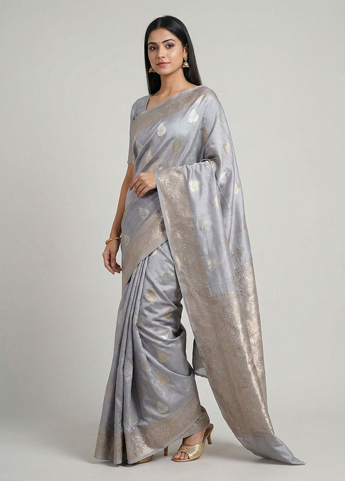 Grey Handloom Dupion Pure Silk Saree With Blouse Piece