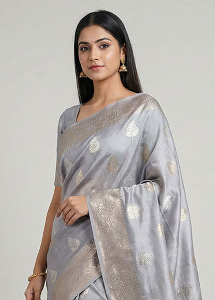 Grey Handloom Dupion Pure Silk Saree With Blouse Piece