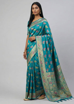 Blue Dupion Silk Saree With Blouse Piece
