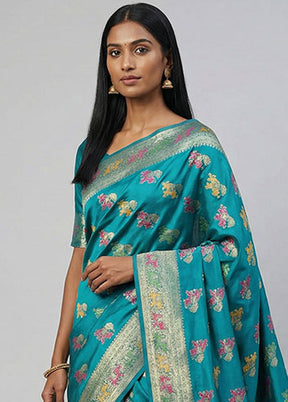 Blue Dupion Silk Saree With Blouse Piece