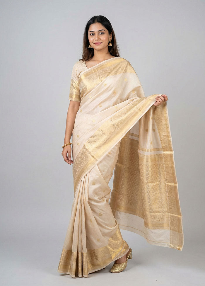 Cream Handloom Kanjivaram Pure Silk Saree With Blouse Piece