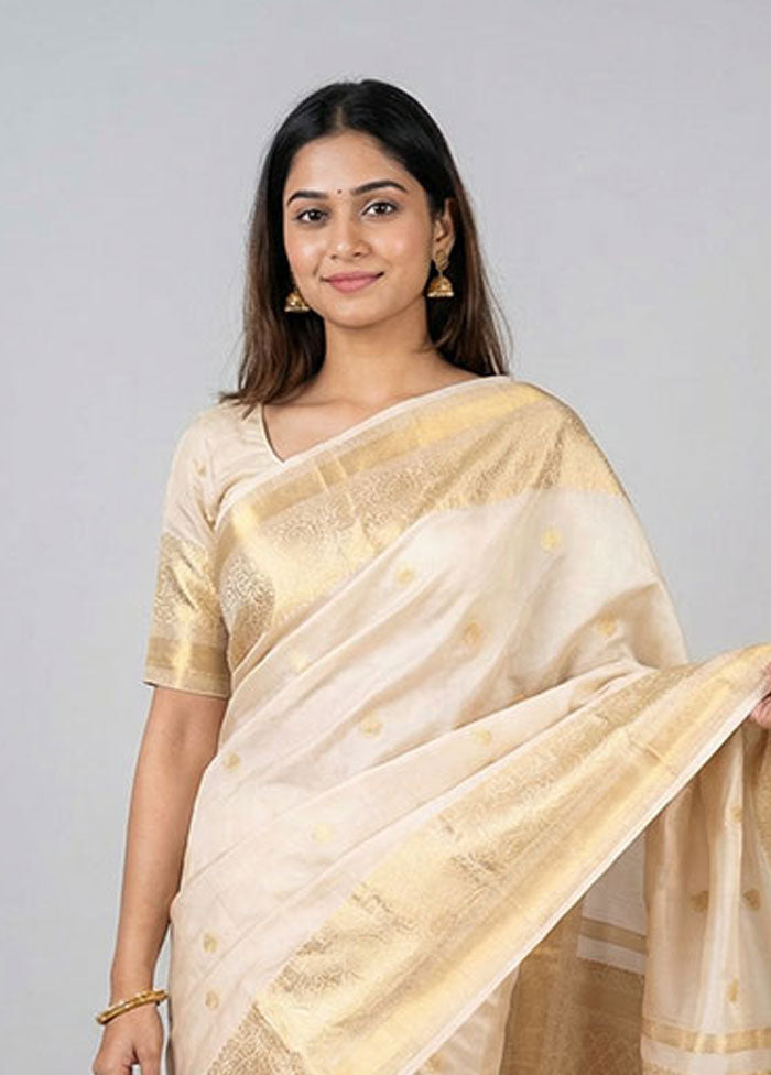 Cream Handloom Kanjivaram Pure Silk Saree With Blouse Piece