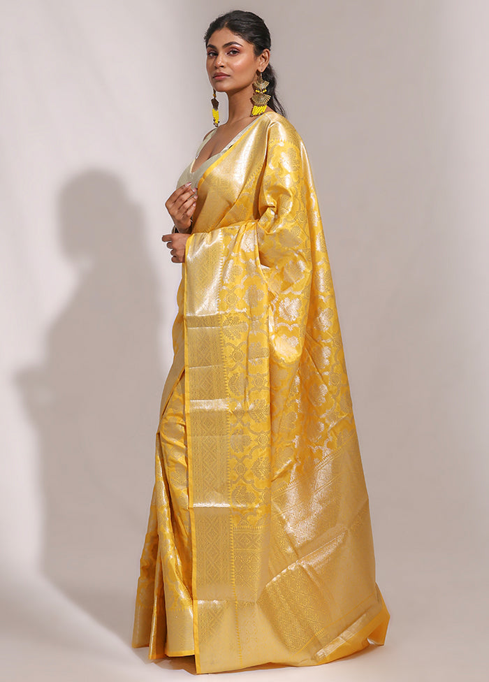 Yellow Dupion Silk Saree With Blouse Piece