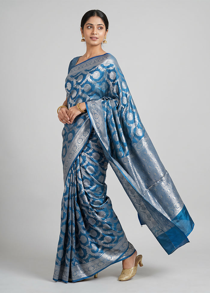 Blue Dupion Silk Saree With Blouse Piece
