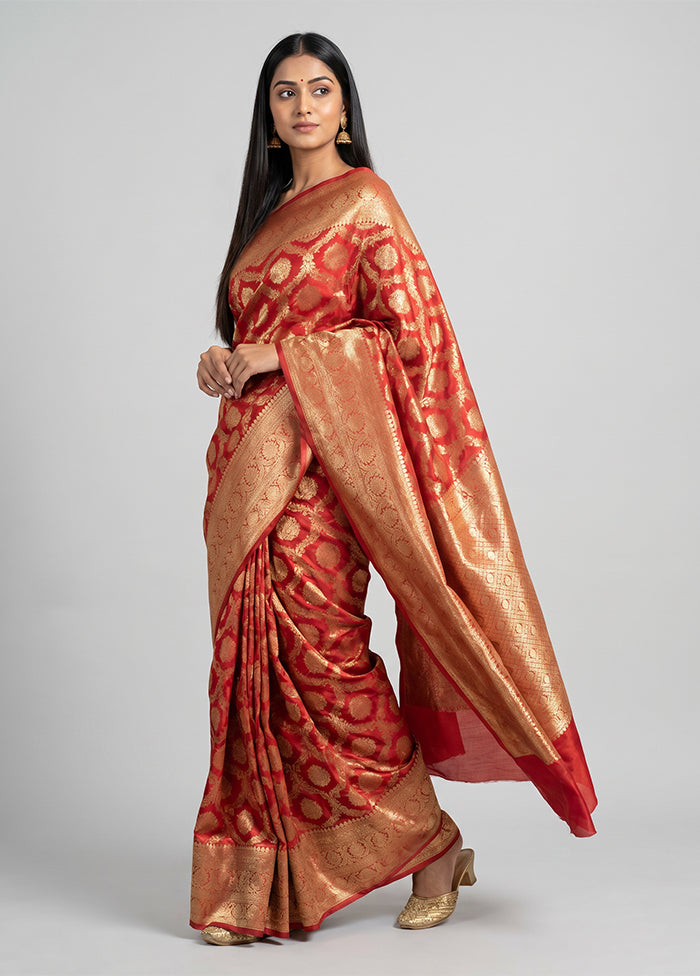 Red Dupion Silk Saree With Blouse Piece
