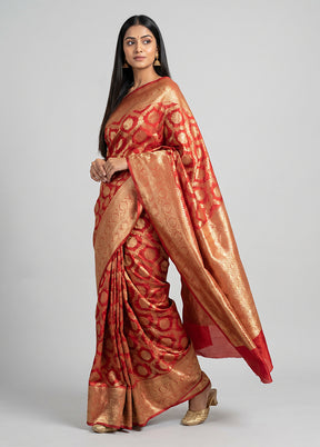 Red Dupion Silk Saree With Blouse Piece