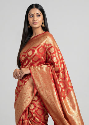 Red Dupion Silk Saree With Blouse Piece