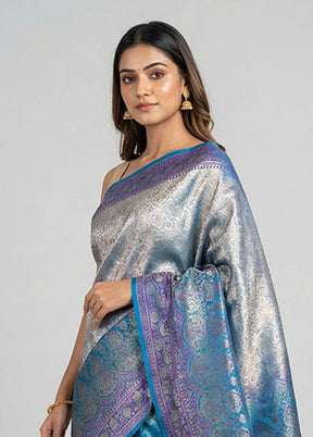 Grey Handloom Jamewar Pure Silk Saree With Blouse Piece