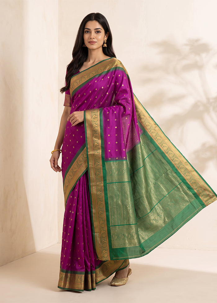 Purple Handloom Kanjivaram Pure Silk Saree With Blouse Piece