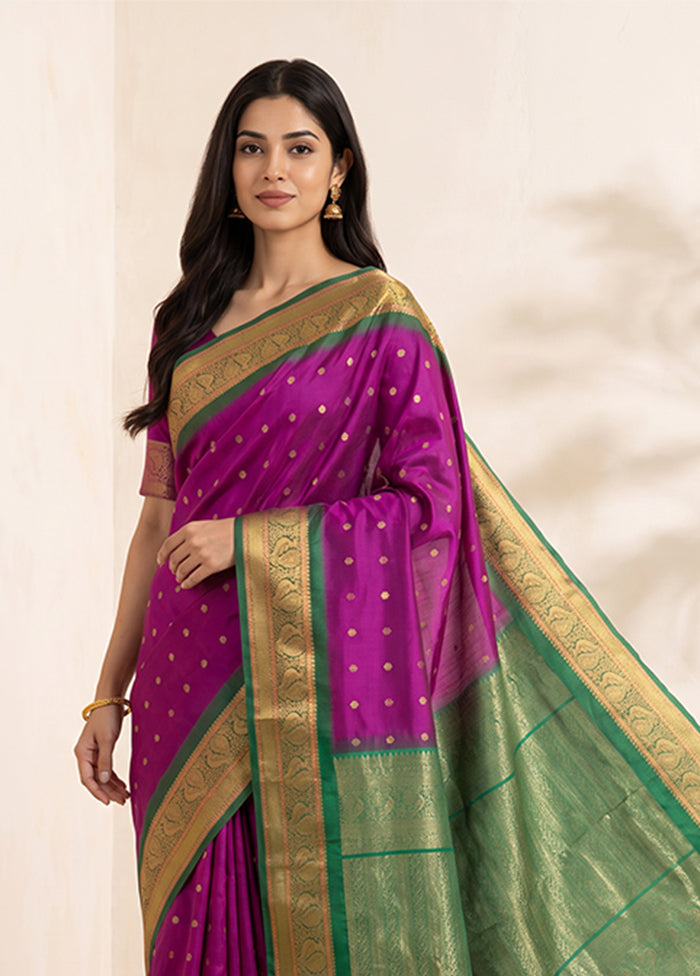 Purple Handloom Kanjivaram Pure Silk Saree With Blouse Piece