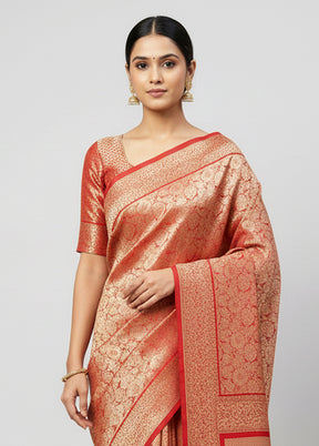 Red Handloom Katan Pure Silk Saree With Blouse Piece
